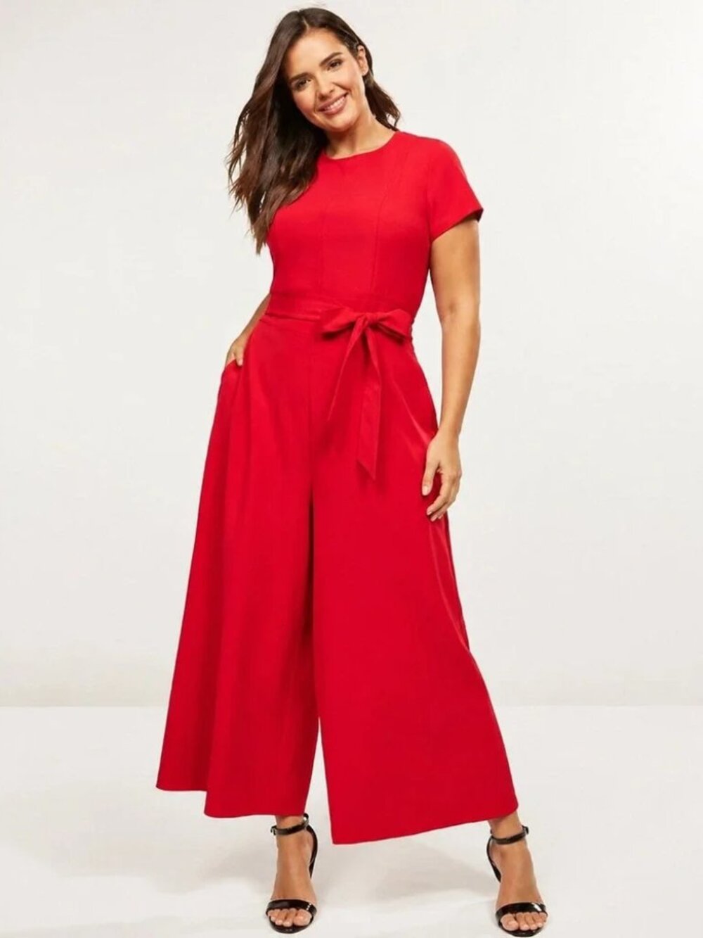 Lane Bryant Lena Wide Leg Short Sleeve Red Belted Jumpsuit Plus Curvy Size 16